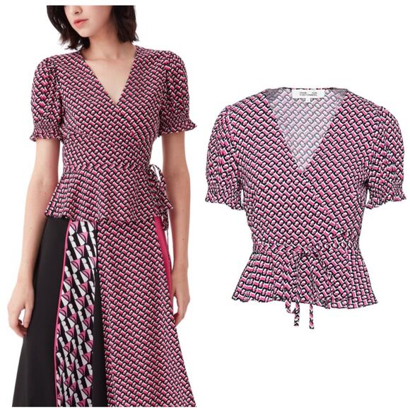 Diane von Furstenberg Emilia 3D Chain Printed Wrap Top Pink Size 16 - Picture 1 of 12